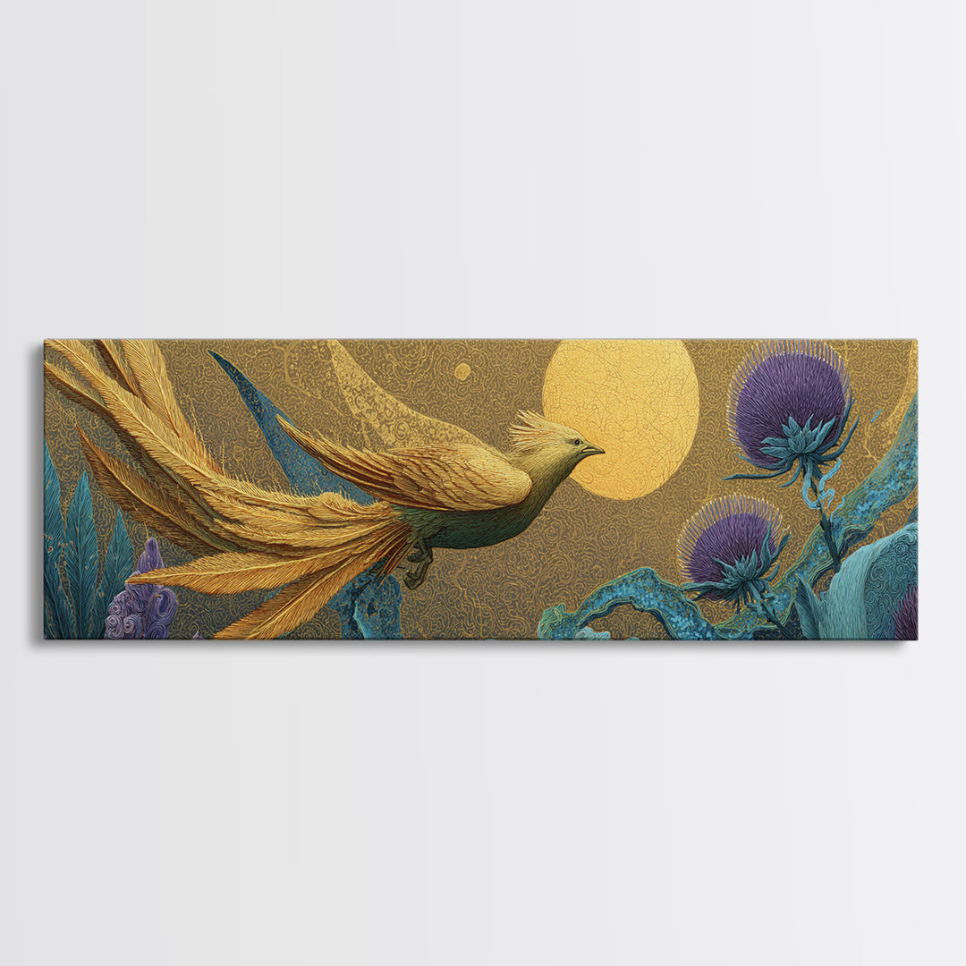 Icarus Falling Through Golden Sky and Feathers Framed Canvas Print, Mythological Art, Gallery Decor, Living Room Decor, Legend, MYT-3x1-44