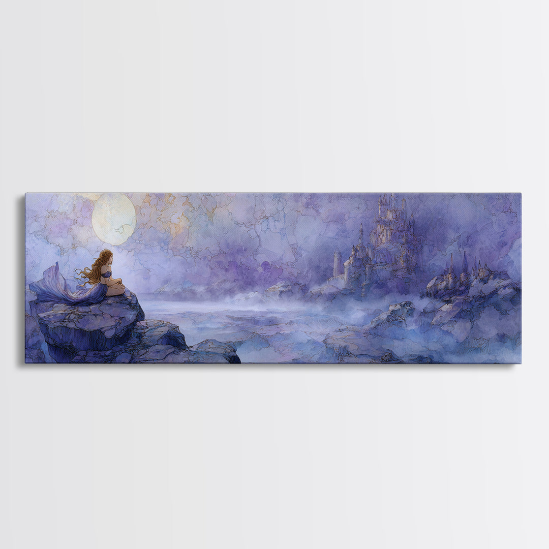 Mermaid Siren on Rocks Framed Canvas Print, Mythological Art, Contemporary Art, Living Room Decor, Legend, Digital Wall Art, MYT-3x1-55