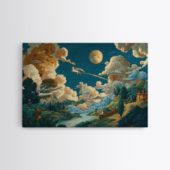 Pegasus Flying Above Cloud Kingdom Framed Canvas Print, Mythological Art, Living Room Decor, Abstract Art, Legend, Home Decor, MYT-3x2-25