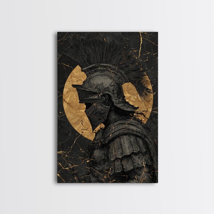 Roman Warrior Gold Canvas Print, Ancient Soldier Wall Art On Canvas, Real Wood Frame Decor, Historical Mythology Artwork