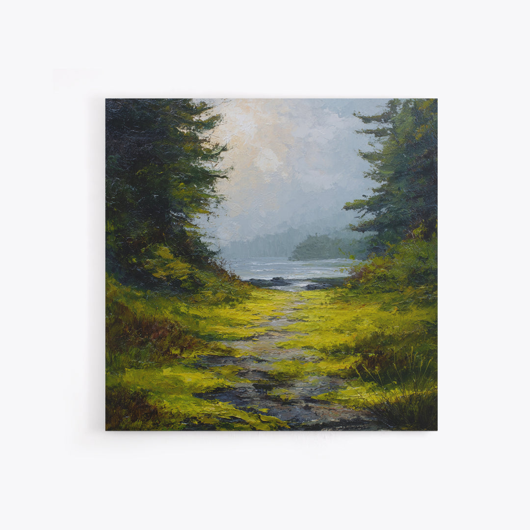 Sunlit Forest Path Framed Canvas Print, Nature Art, Bird Wall Art, Living Room Decor, Fine Art, Nature, Textured Painting, NAT-1x1-1