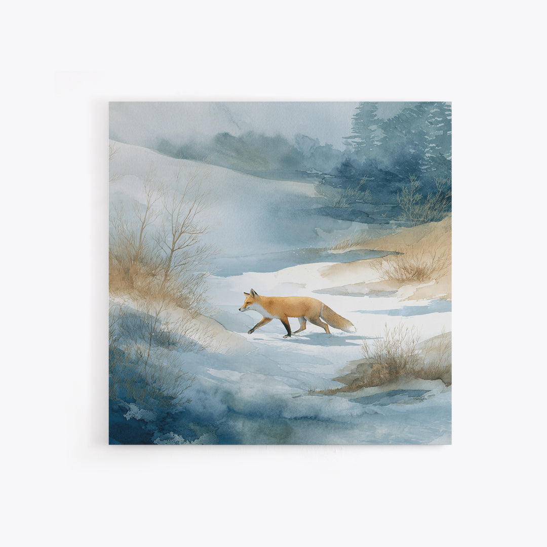Fox Crossing a Snowy Forest Clearing Canvas Print, Nature Art, Stained Glass Art, Living Room Decor, Fine Art, Nature, NAT-1x1-10