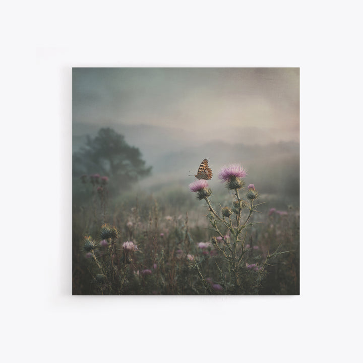 Butterfly Resting on a Blooming Thistle Framed Canvas Print, Nature Art, Mountain Art, Living Room Decor, Watercolor Art, NAT-1x1-100