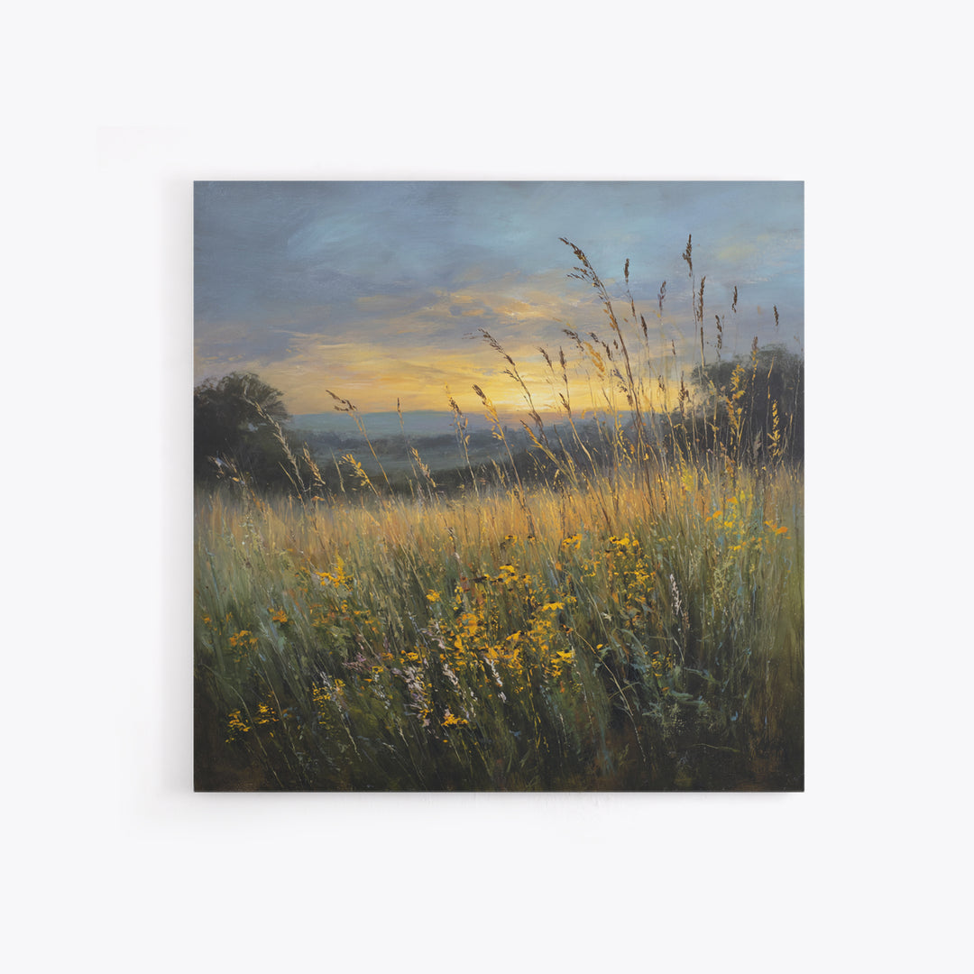 Sunrise Through Tall Grass and Wildflowers Framed Canvas Print, Nature Art, Framed Art, Living Room Decor, Watercolor Art, NAT-1x1-11