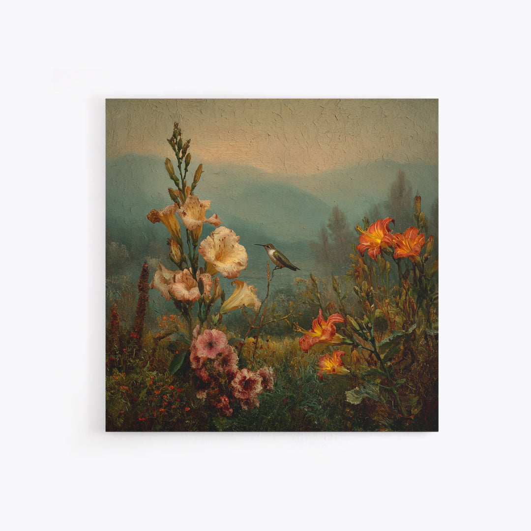Hummingbird Beside Bright Trumpet Flowers Framed Canvas Print, Nature Art, Art, Living Room Decor, Oil Painting, Nature, NAT-1x1-12