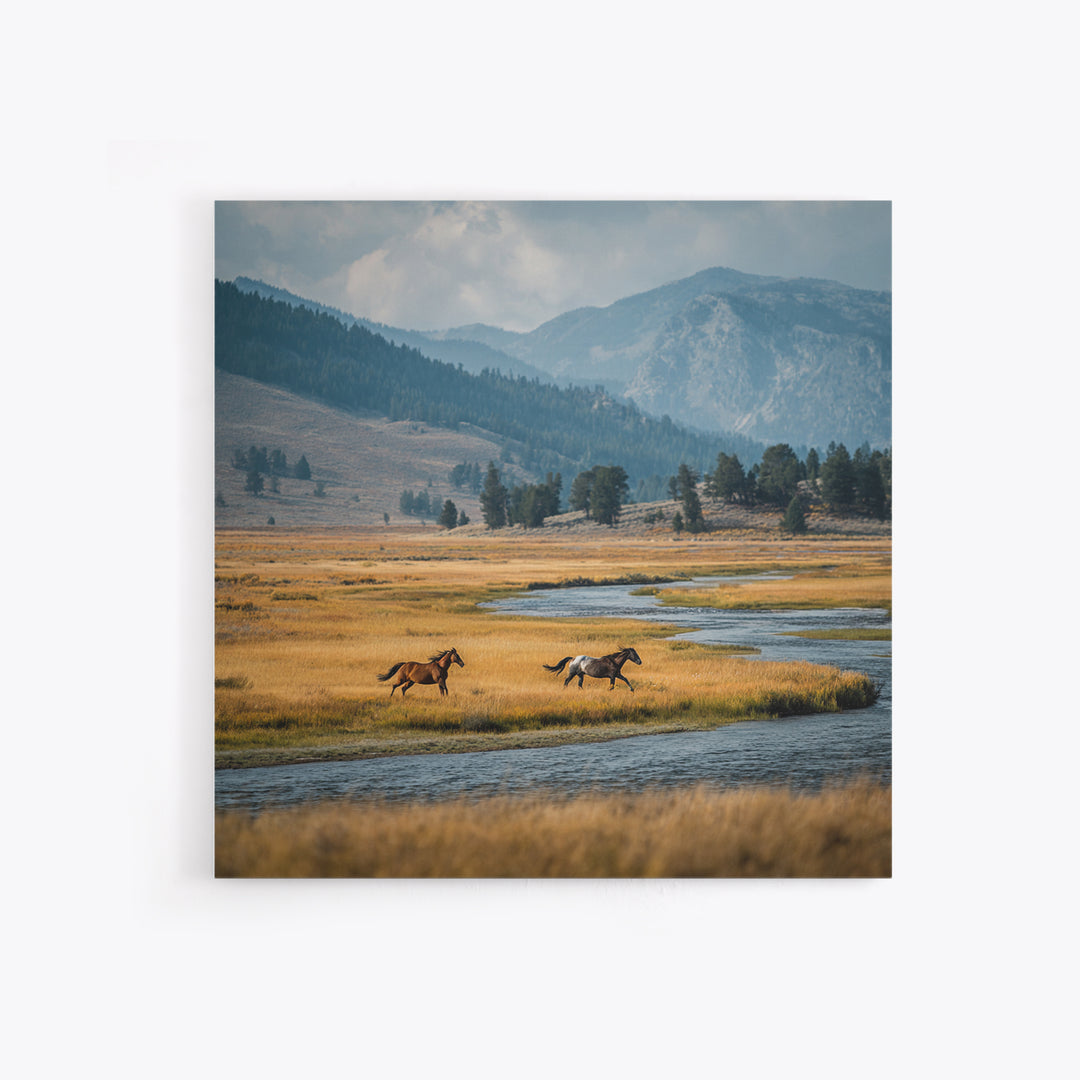 Wild Horses Running Near Mountain Ridge Canvas Print, Nature Art, Modern Wall Art, Living Room Decor, Fine Art, Nature, NAT-1x1-22