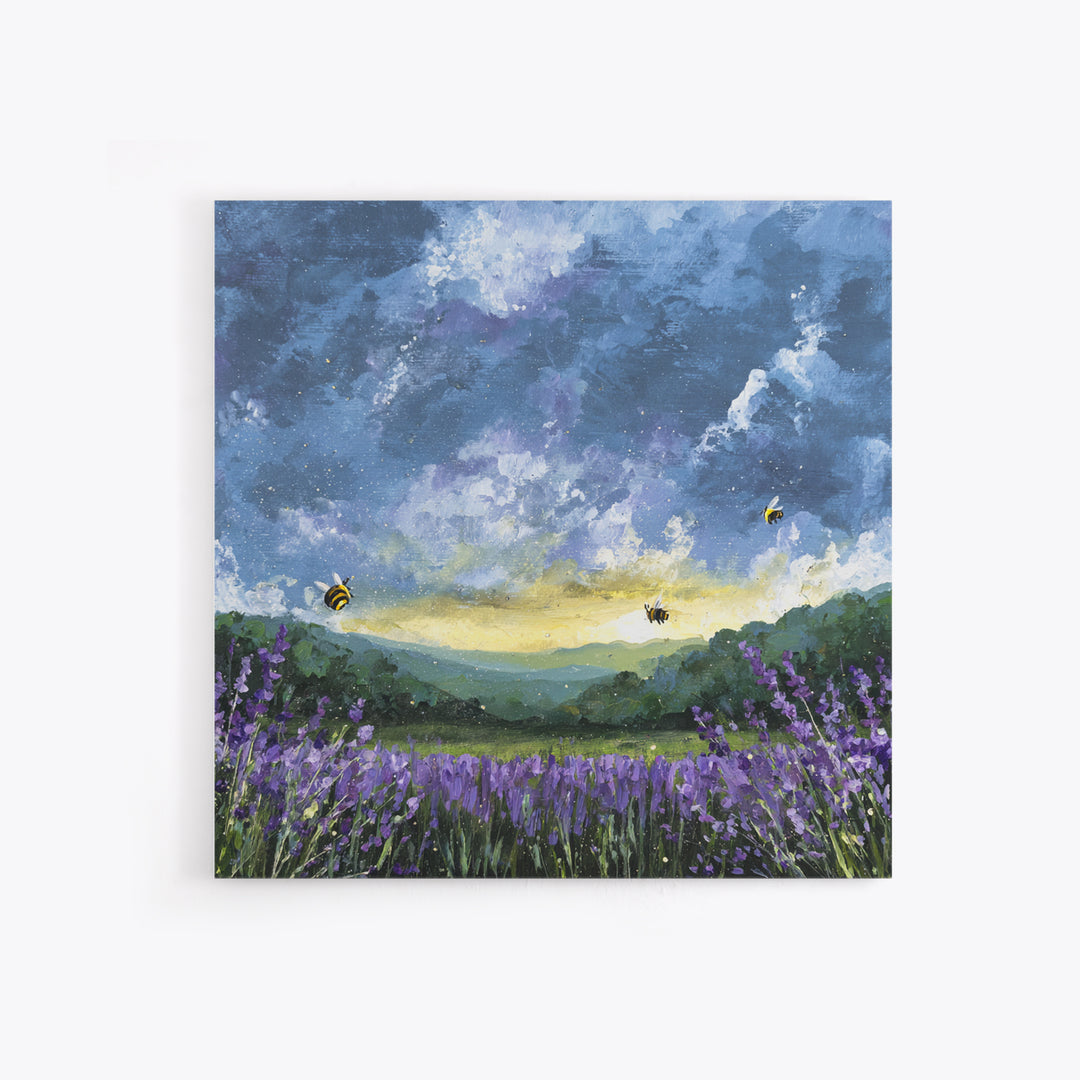 Bees Circling Lavender Blossoms Canvas Print, Nature Art, Original Painting, Living Room Decor, Nature, Mountain Wall Art, NAT-1x1-23