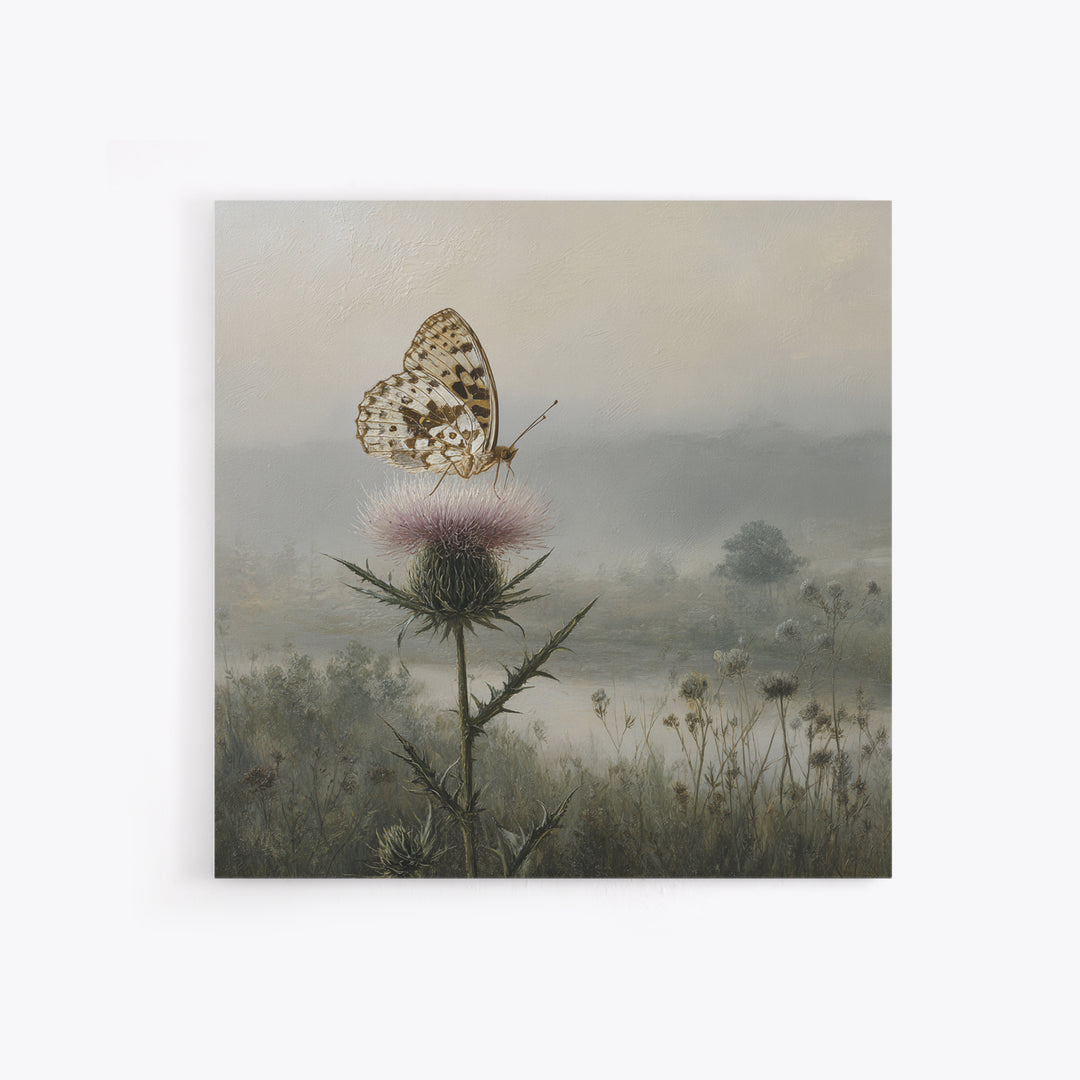 Butterfly Resting on a Blooming Thistle Framed Canvas Print, Nature Art, Living Room Decor, Oil Painting, Nature, NAT-1x1-28