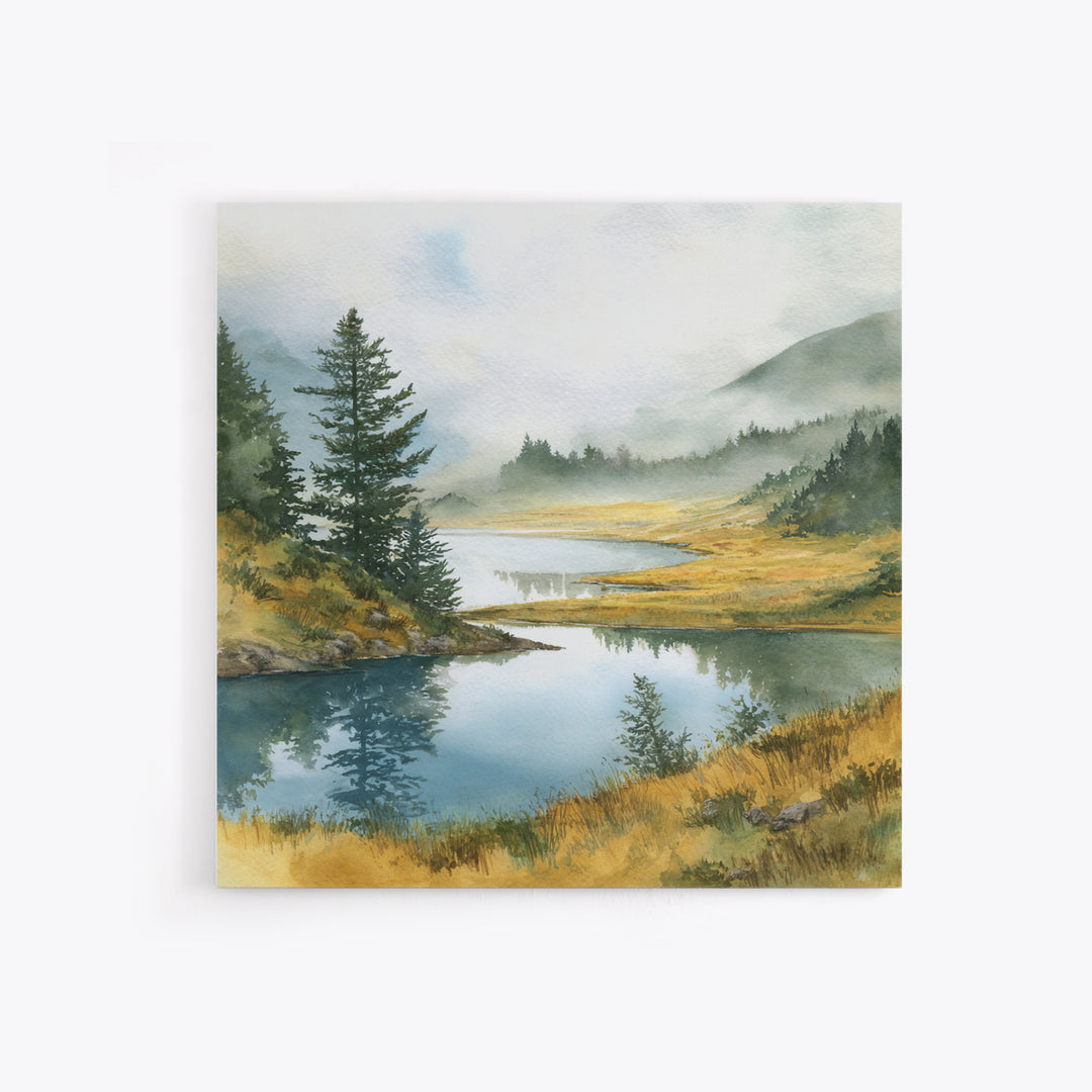 Misty Mountain Lake Framed Canvas Print, Nature Art, Fine Art Print, Living Room Decor, Watercolor Art, Nature, Poster, NAT-1x1-29