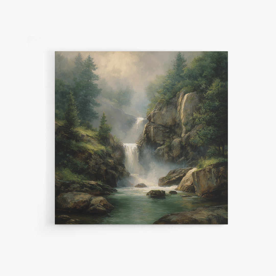 Waterfall Hidden Among Dark Green Rocks Canvas Print, Nature Art, Floral, Living Room Decor, Abstract Art, Nature, Moss Art, NAT-1x1-3