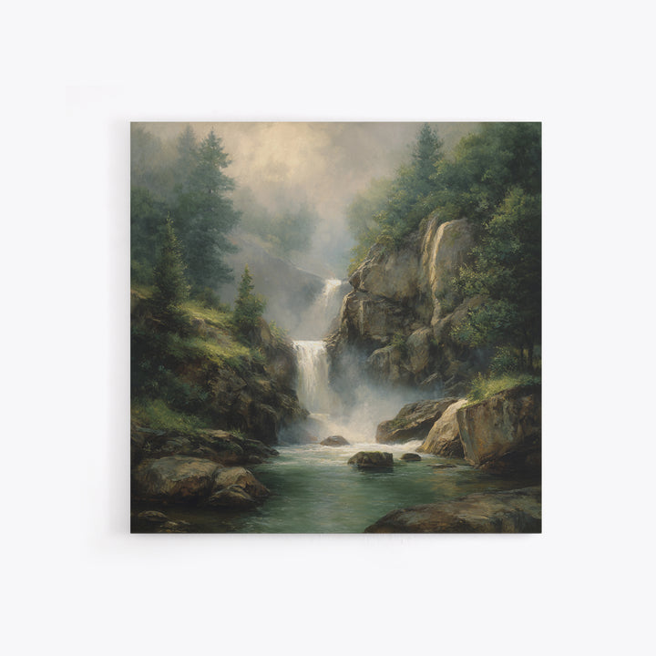 Waterfall Hidden Among Dark Green Rocks Canvas Print, Nature Art, Floral, Living Room Decor, Abstract Art, Nature, Moss Art, NAT-1x1-3