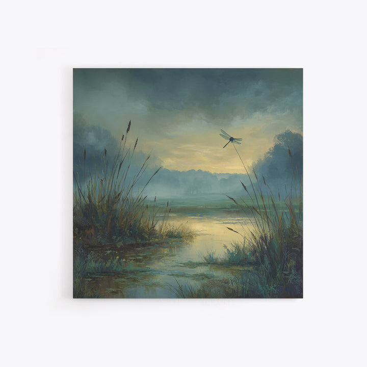 Dragonfly over a Pond with Reeds Framed Canvas Print, Nature Art, Moss Art, Living Room Decor, Abstract Art, Nature, NAT-1x1-42