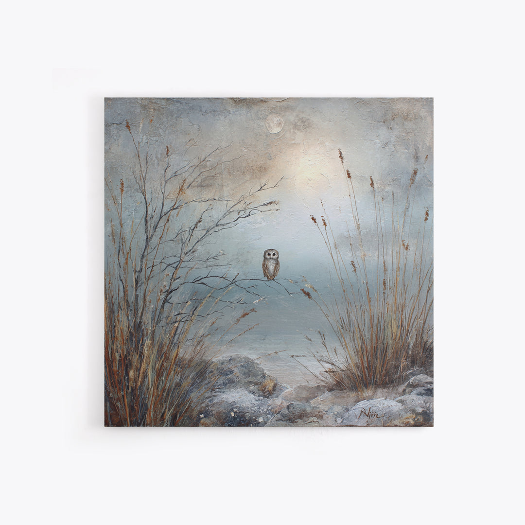Owl in Moonlit Branches Framed Canvas Print, Nature Art, Living Room Wall Art, Living Room Decor, Nature, Neutral Decor, NAT-1x1-43