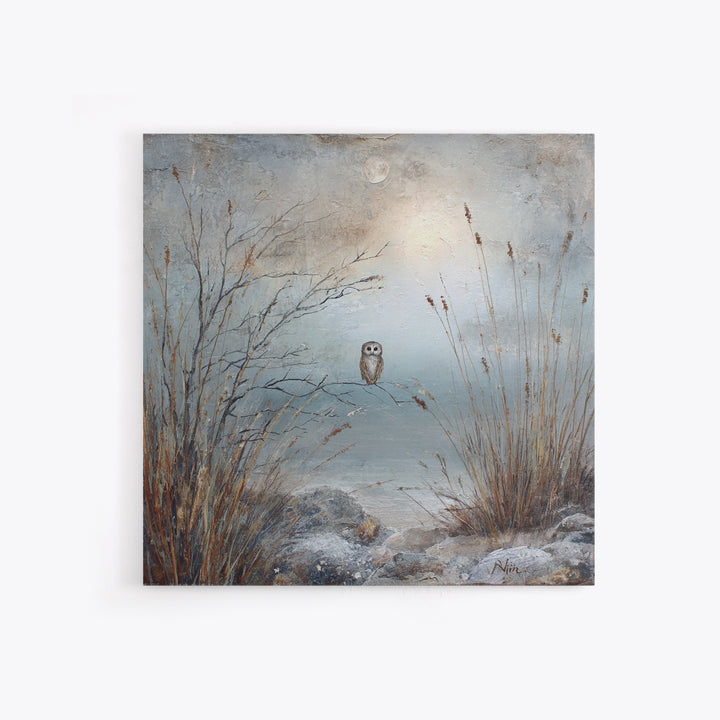 Owl in Moonlit Branches Framed Canvas Print, Nature Art, Living Room Wall Art, Living Room Decor, Nature, Neutral Decor, NAT-1x1-43