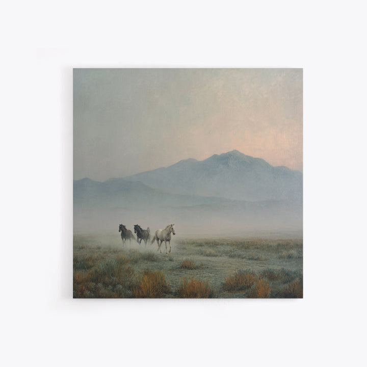 Wild Horses Running Near Mountain Ridge Framed Canvas Print, Nature Art, Landscape Art, Living Room Decor, Oil Painting, Nature, NAT-1x1-46