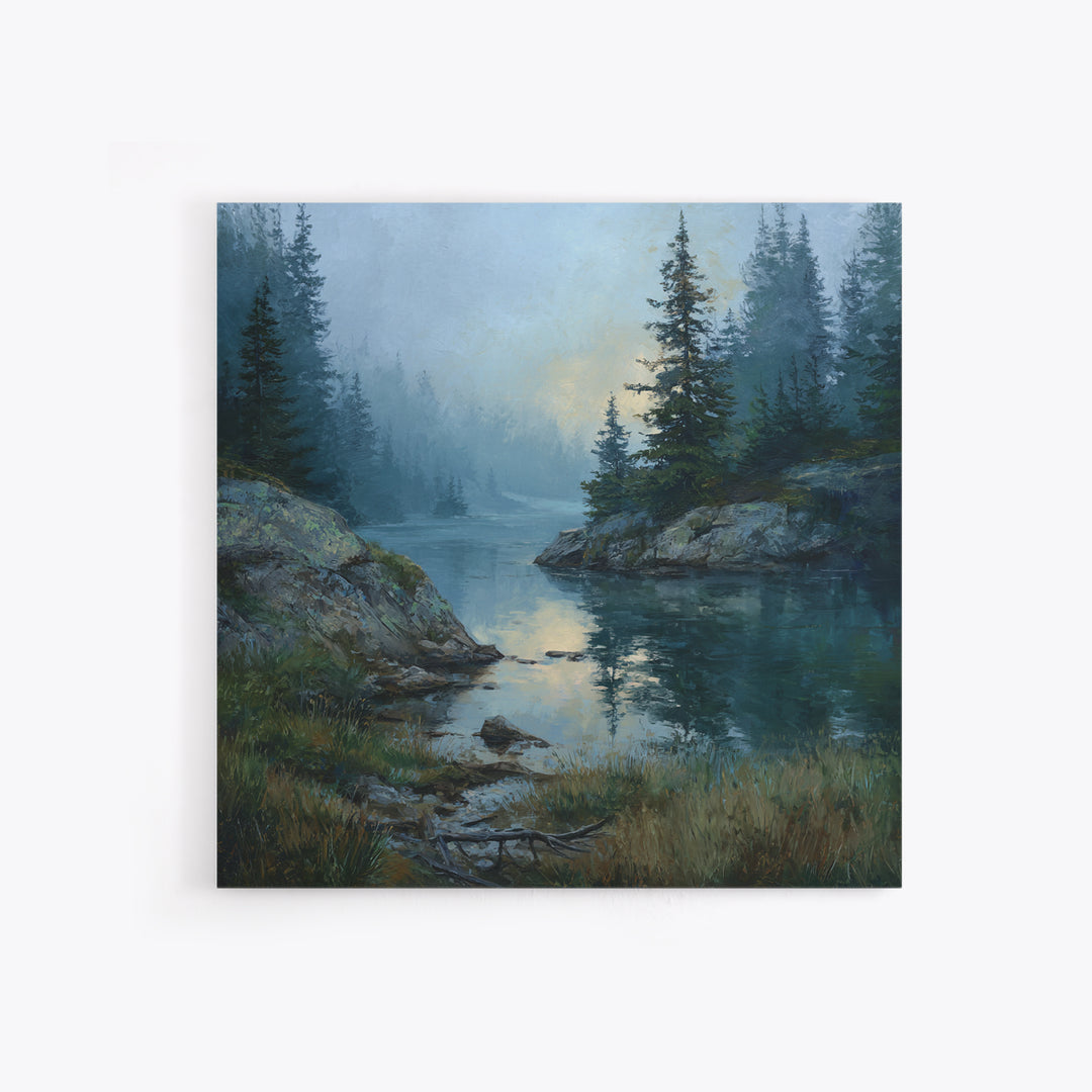 Misty Mountain Lake Canvas Print, Nature Art, Nature Wall Art, Living Room Decor, Fine Art, Nature, Textured Painting, NAT-1x1-5