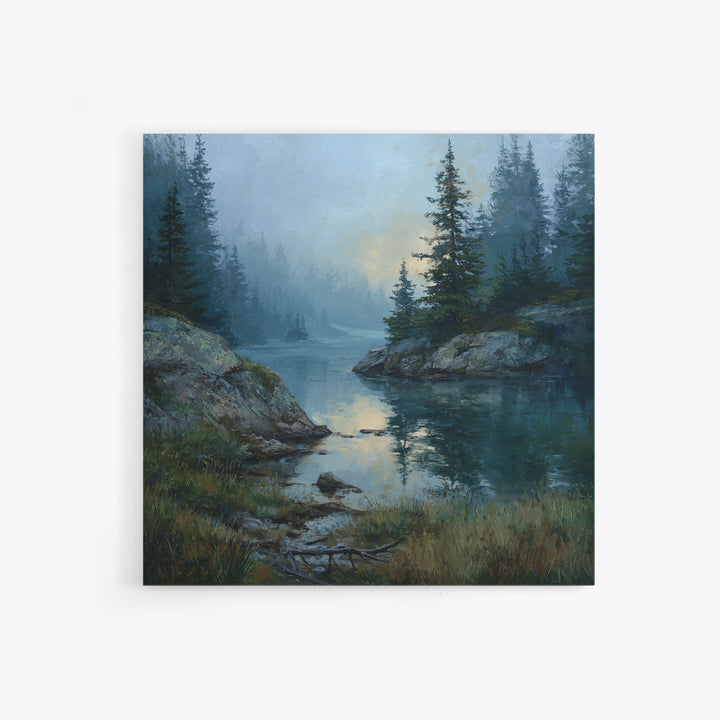 Misty Mountain Lake Canvas Print, Nature Art, Nature Wall Art, Living Room Decor, Fine Art, Nature, Textured Painting, NAT-1x1-5