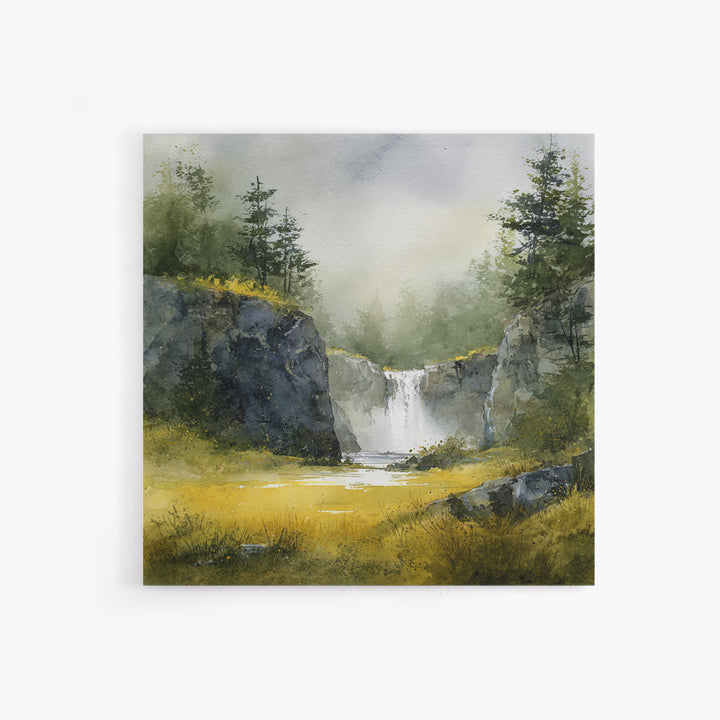 Waterfall Hidden Among Dark Green Rocks Framed Canvas Print, Nature Art, Bird Wall Art, Living Room Decor, Oil Painting, Nature, NAT-1x1-51