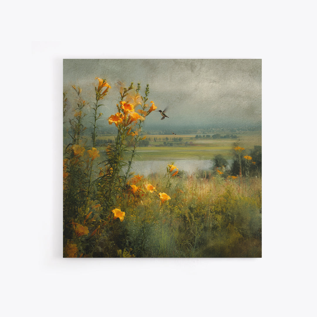 Hummingbird Beside Bright Trumpet Flowers Canvas Print, Nature Art, Stained Glass Art, Living Room Decor, Fine Art, Nature, NAT-1x1-60
