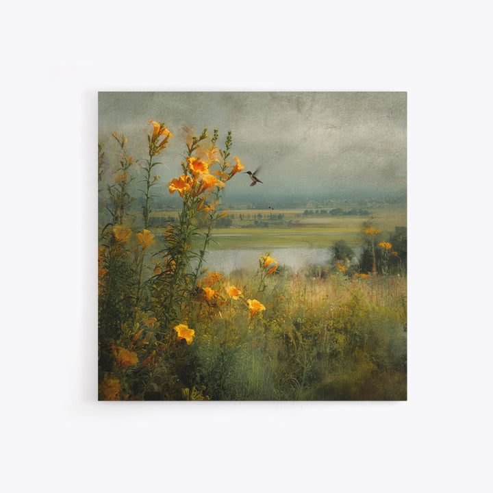 Hummingbird Beside Bright Trumpet Flowers Canvas Print, Nature Art, Stained Glass Art, Living Room Decor, Fine Art, Nature, NAT-1x1-60