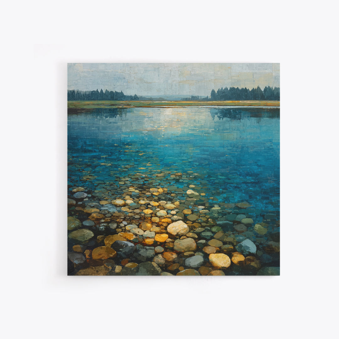 River Stones under Clear Shallow Water Framed Canvas Print, Nature Art, Mountain Art, Living Room Decor, Oil Painting, Nature, NAT-1x1-61