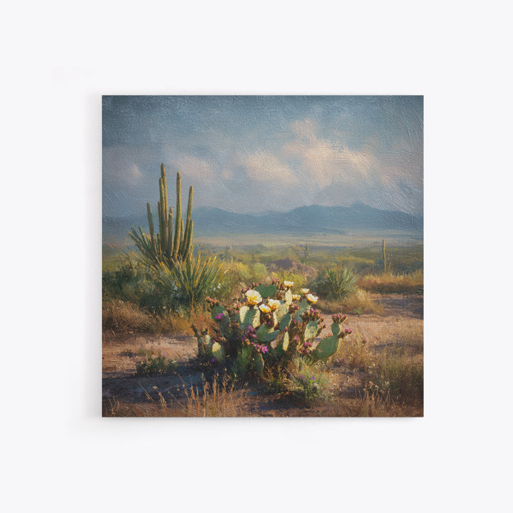 Desert Cactus Blooming After Rain Framed Canvas Print, Nature Art, Moss Art, Living Room Decor, Oil Painting, Nature, NAT-1x1-68