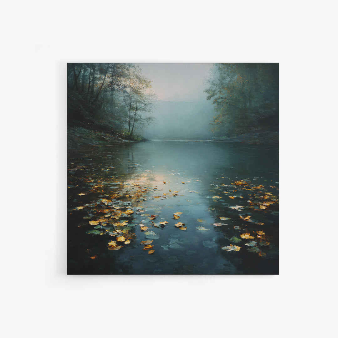 Autumn Leaves Floating on Quiet Stream Framed Canvas Print, Nature Art, Gallery Decor, Living Room Decor, Fine Art, Nature, NAT-1x1-78