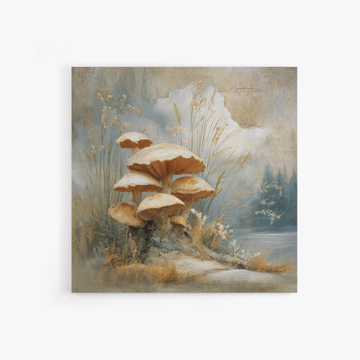 Mushroom Cluster in Enchanted Woodland Framed Canvas Print, Nature Art, Fine Art Print, Living Room Decor, Oil Painting, Nature, NAT-1x1-79