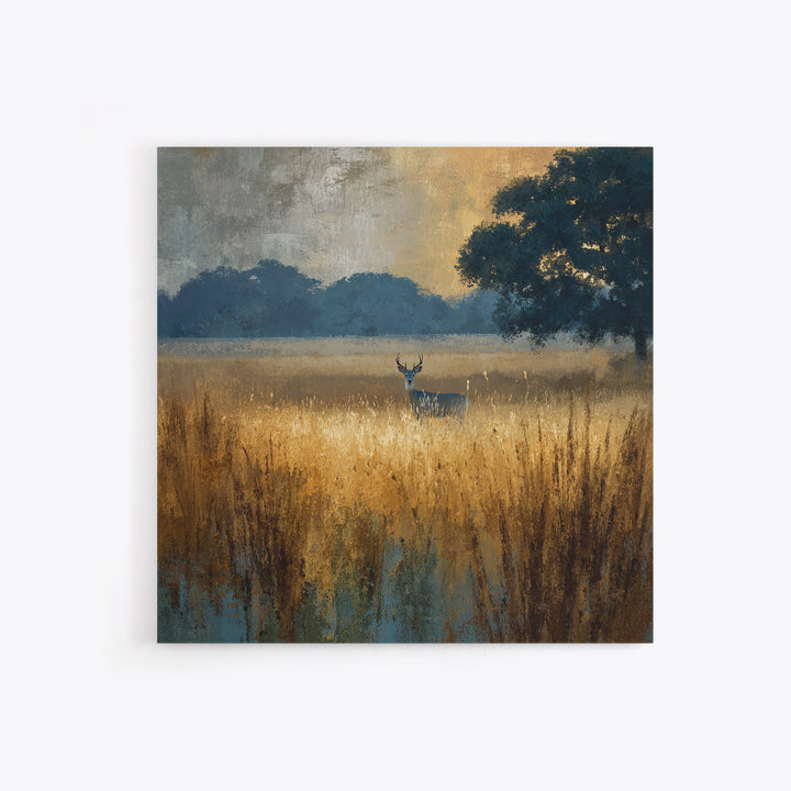 Deer Standing in a Golden Field Framed Canvas Print, Nature Art, Wall Hangings, Living Room Decor, Nature, Stained Glass Art, NAT-1x1-8
