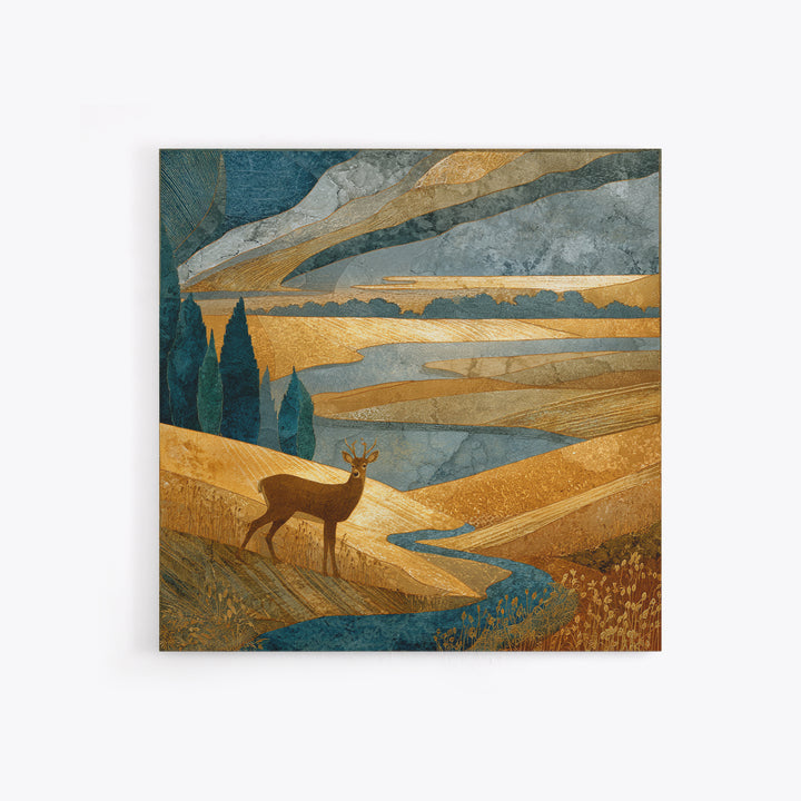 Deer Standing in a Golden Field Framed Canvas Print, Nature Art, Modern Decor, Living Room Decor, Fine Art, Nature, Home Decor, NAT-1x1-80
