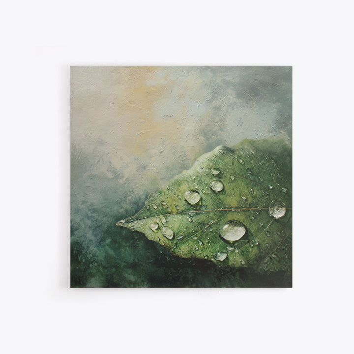 Rain Drops on a Large Green Leaf Canvas Print, Nature Art, Textured Painting, Living Room Decor, Oil Painting, Nature, NAT-1x1-81