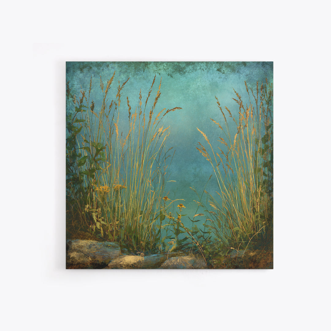 Sunrise Through Tall Grass and Wildflowers Framed Canvas Print, Nature Art, Statement Artwork, Living Room Decor, Oil Painting, NAT-1x1-83