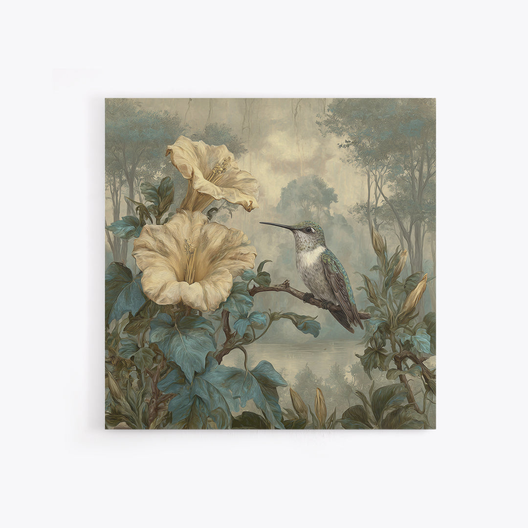 Hummingbird Beside Bright Trumpet Flowers Framed Canvas Print, Nature Art, Ocean Art, Living Room Decor, Fine Art, Nature, NAT-1x1-84