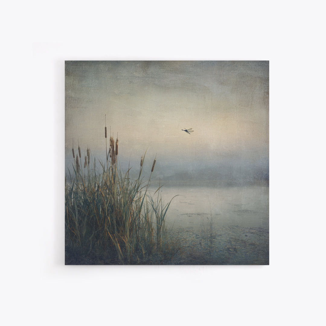 Dragonfly over a Pond with Reeds Canvas Print, Nature Art, Nature Wall Art, Living Room Decor, Fine Art, Nature, NAT-1x1-90