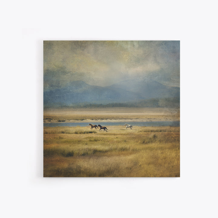 Wild Horses Running Near Mountain Ridge Canvas Print, Nature Art, Landscape Print, Living Room Decor, Fine Art, Nature, NAT-1x1-94