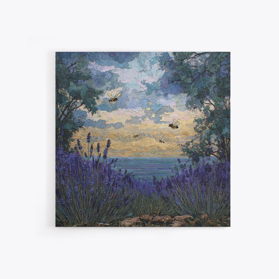 Bees Circling Lavender Blossoms Canvas Print, Nature Art, Neutral Decor, Living Room Decor, Fine Art, Nature, Wall Art, NAT-1x1-95