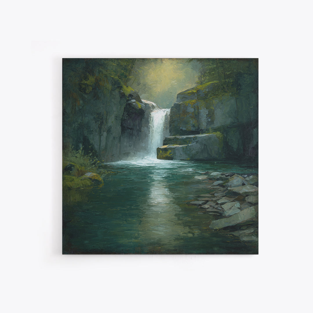 Waterfall Hidden Among Dark Green Rocks Canvas Print, Nature Art, Wall Art, Living Room Decor, Fine Art, Nature, Wood Wall Art, NAT-1x1-99