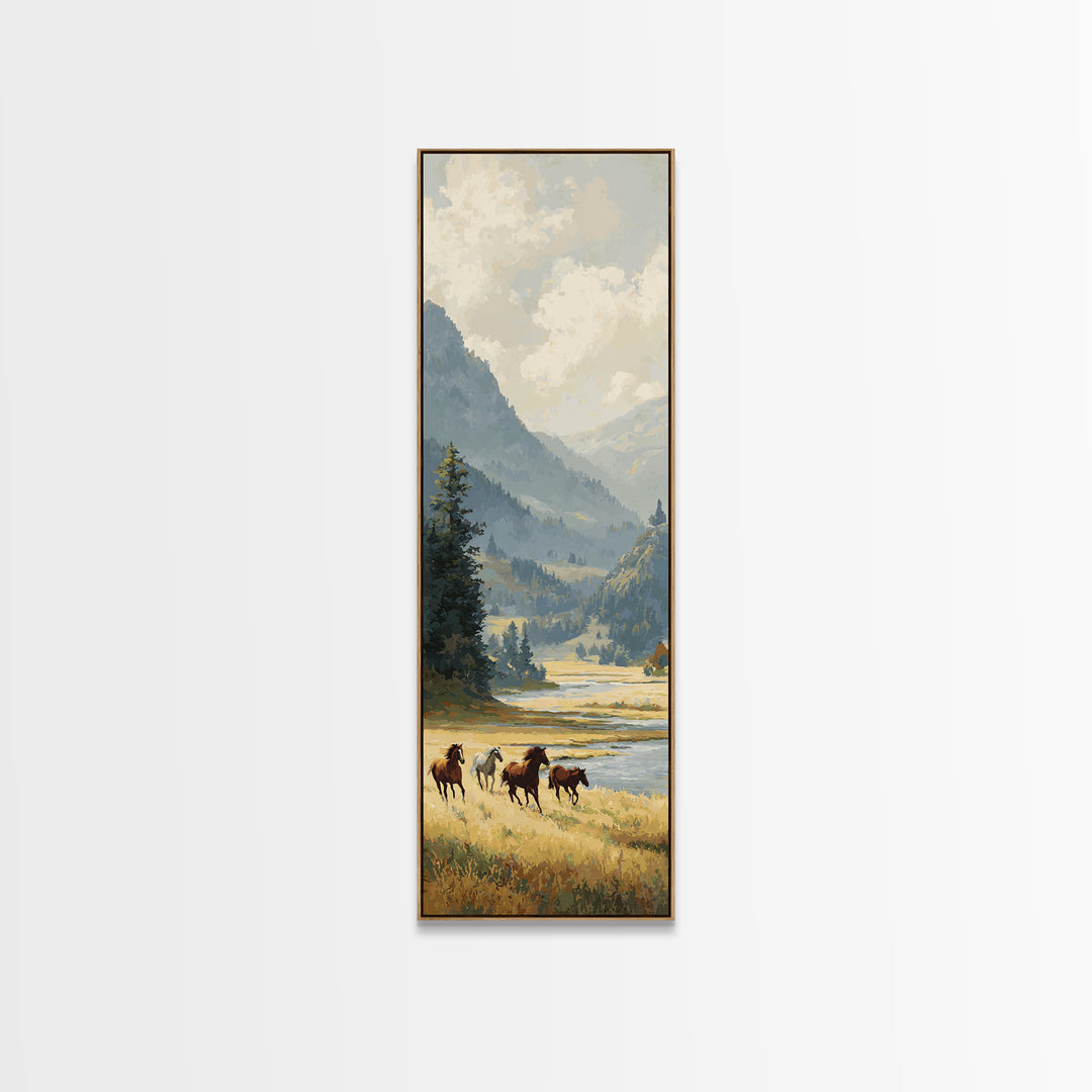 Wild Horses Running Near Mountain Ridge Canvas Print, Nature Art, Living Room Wall Art, Living Room Decor, Fine Art, Nature, NAT-1x3-10