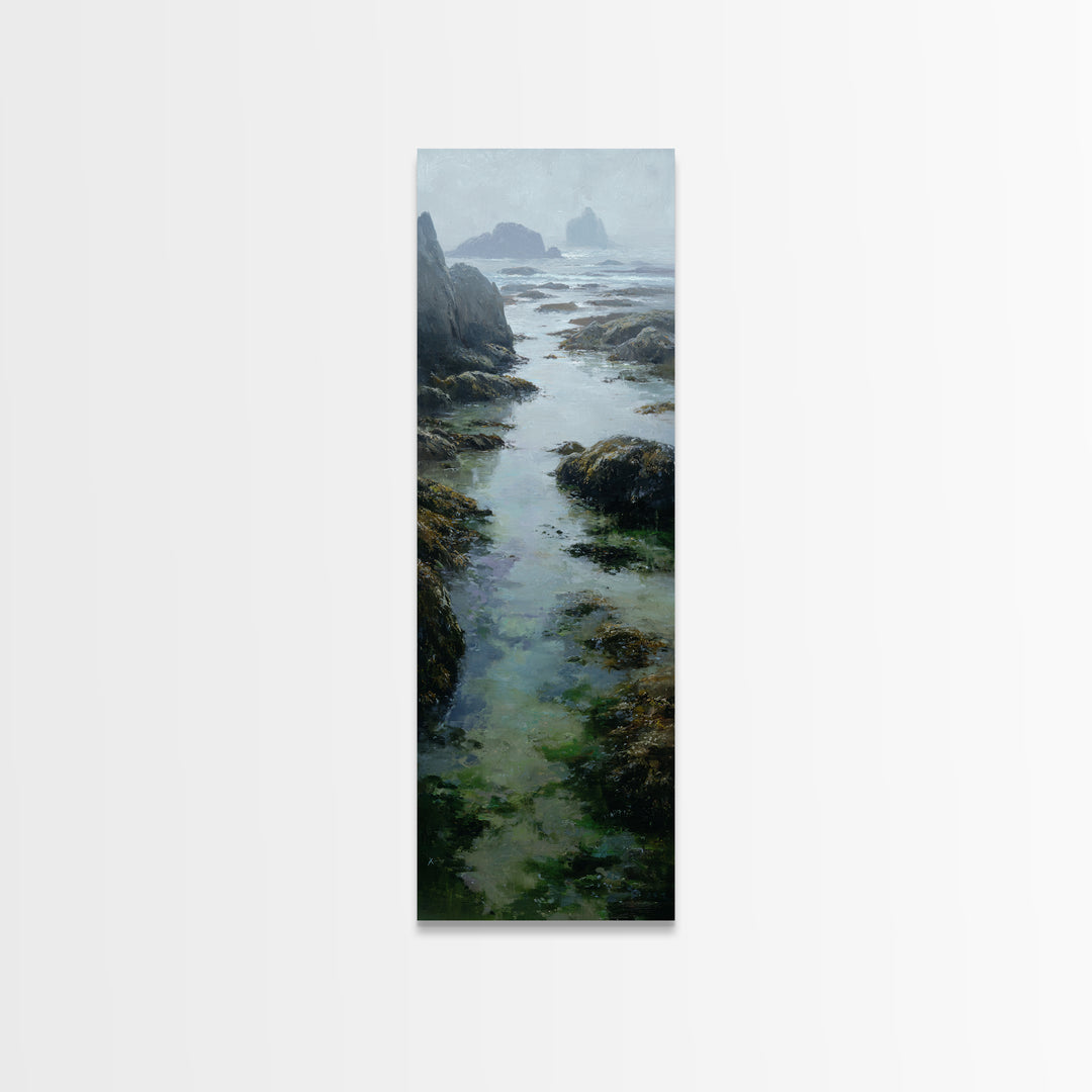 Calm Beach Tide Pooling Around Rocks Canvas Print, Nature Art, Boho Decor, Living Room Decor, Oil Painting, Nature, Wall Decor, NAT-1x3-12
