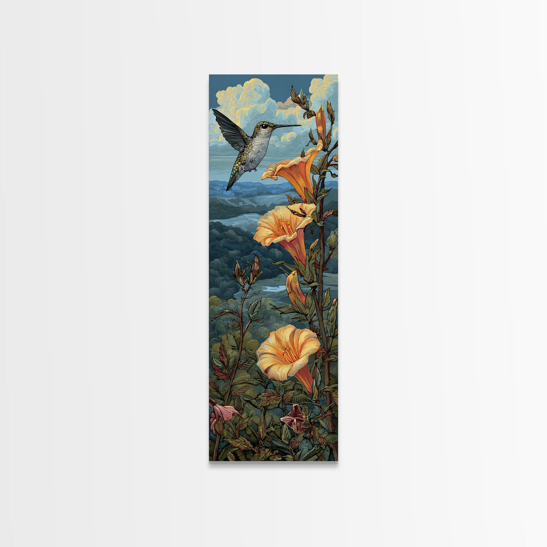 Hummingbird Beside Bright Trumpet Flowers Framed Canvas Print, Nature Art, Art Print, Living Room Decor, Oil Painting, Nature, NAT-1x3-24