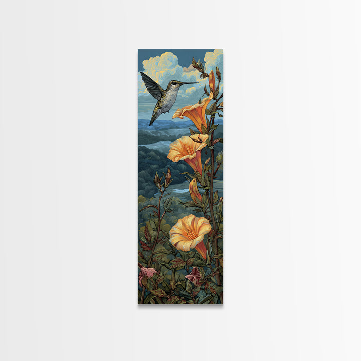 Hummingbird Beside Bright Trumpet Flowers Framed Canvas Print, Nature Art, Art Print, Living Room Decor, Oil Painting, Nature, NAT-1x3-24