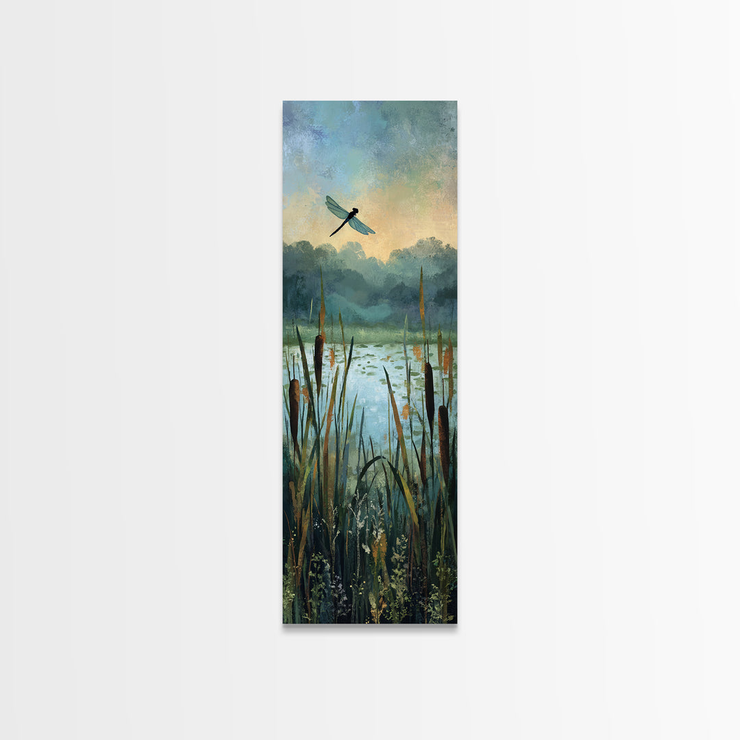 Dragonfly over a Pond with Reeds Framed Canvas Print, Nature Art, Botanical Art, Living Room Decor, Oil Painting, Nature, NAT-1x3-30