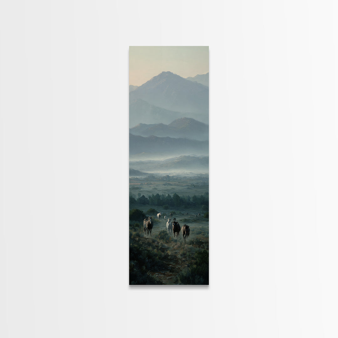Wild Horses Running Near Mountain Ridge Framed Canvas Print, Nature Art, Digital Download Art, Living Room Decor, NAT-1x3-34