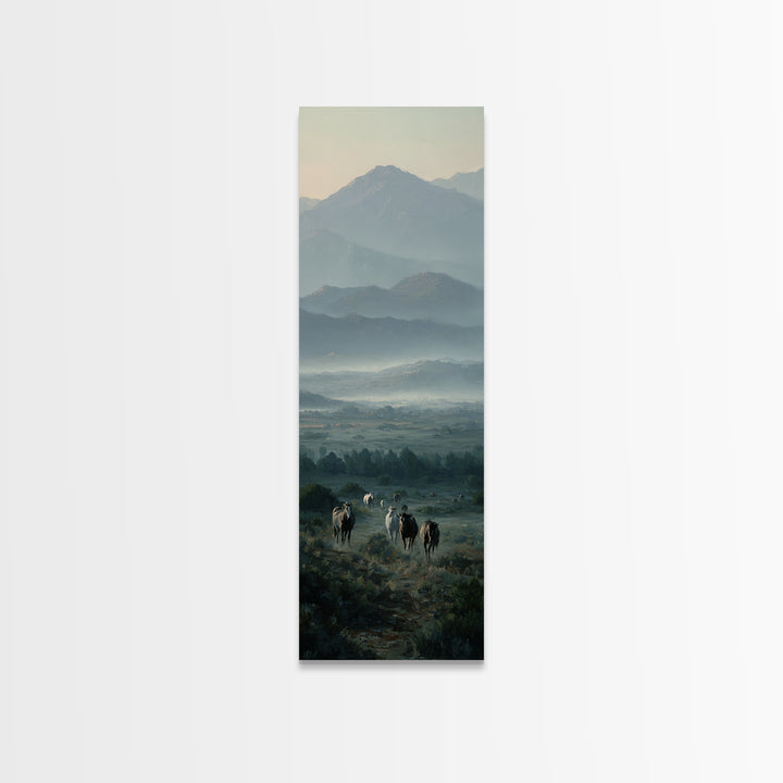 Wild Horses Running Near Mountain Ridge Framed Canvas Print, Nature Art, Digital Download Art, Living Room Decor, NAT-1x3-34