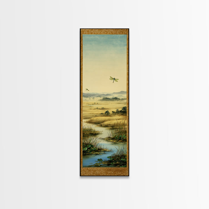 Dragonfly over a Pond with Reeds Framed Canvas Print, Nature Art, Botanical Art, Living Room Decor, Oil Painting, Nature, NAT-1x3-54