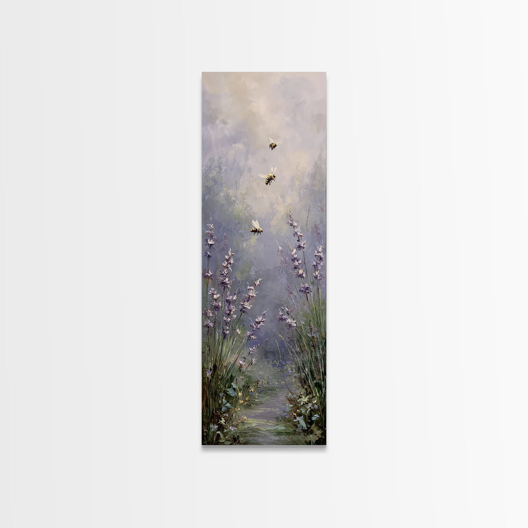 Bees Circling Lavender Blossoms Canvas Print, Nature Art, Framed Art, Living Room Decor, Fine Art, Nature, Botanical Art, NAT-1x3-59