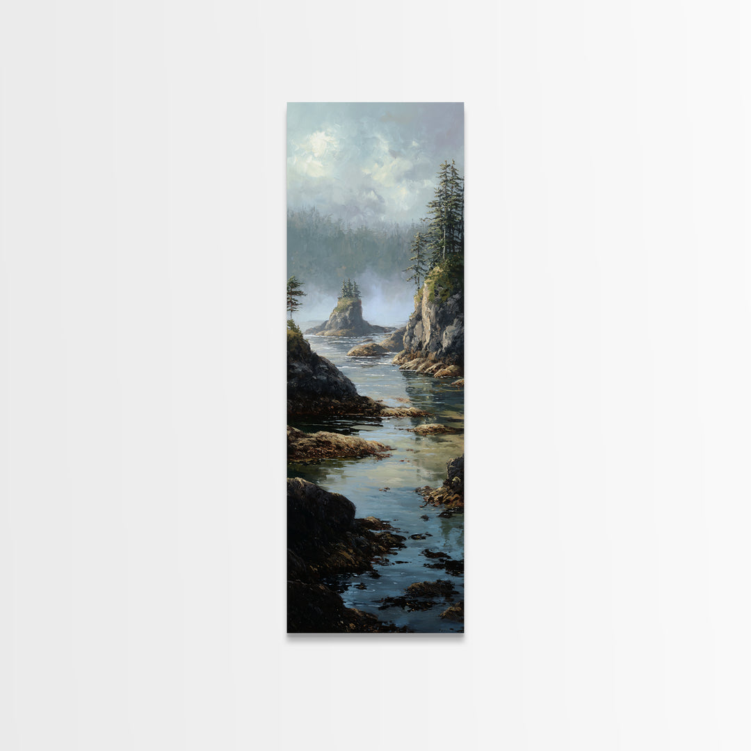 Calm Beach Tide Pooling Around Rocks Framed Canvas Print, Nature Art, Original Painting, Living Room Decor, Fine Art, Nature, NAT-1x3-84