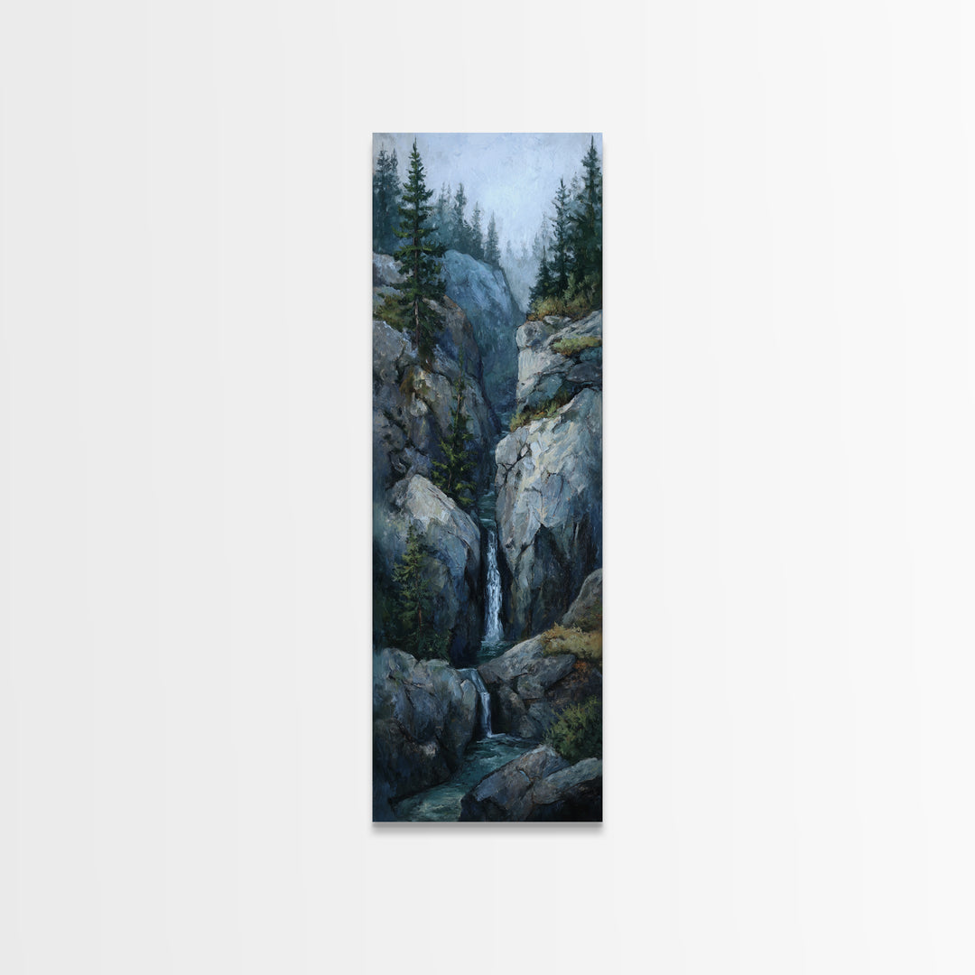 Waterfall Hidden Among Dark Green Rocks Framed Canvas Print, Nature Art, Botanical Art, Living Room Decor, Fine Art, Nature, NAT-1x3-87