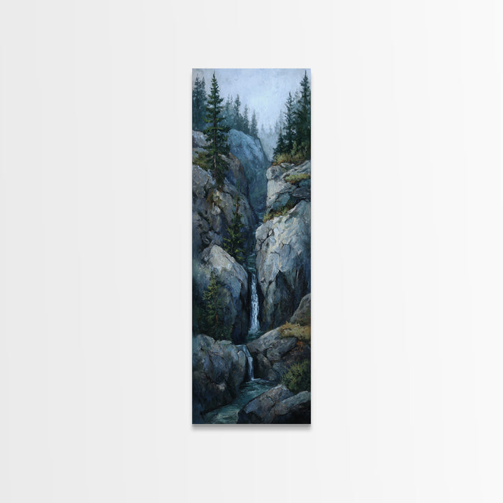 Waterfall Hidden Among Dark Green Rocks Framed Canvas Print, Nature Art, Botanical Art, Living Room Decor, Fine Art, Nature, NAT-1x3-87