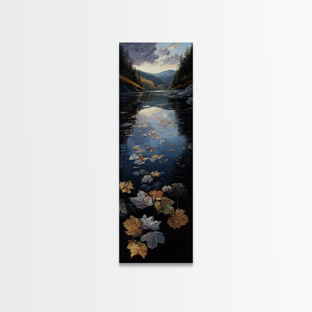 Autumn Leaves Floating on Quiet Stream Canvas Print, Nature Art, Art Print, Living Room Decor, Oil Painting, Nature, NAT-1x3-90